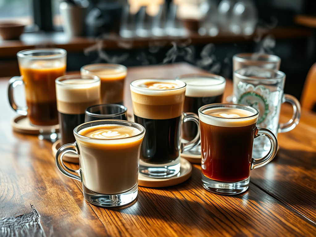 Çeşitli kahve bardaklarında sunulan sıcak kahve çeşitleri, ahşap masa üzerinde yer almakta.